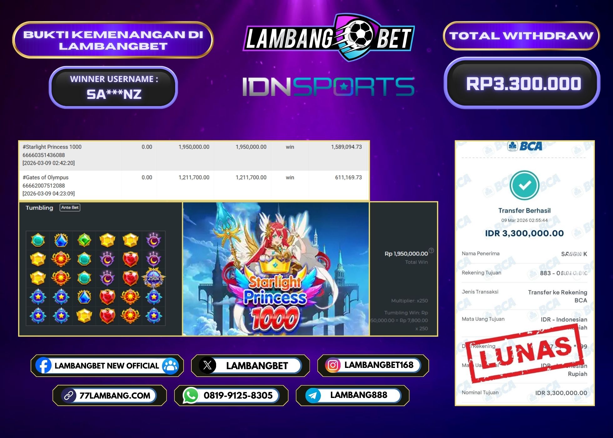 LAMBANGBET [9 MARET 2025] JACKPOT SLOT Starlight Princess 1000 "Rp3.300.000" LUNAS